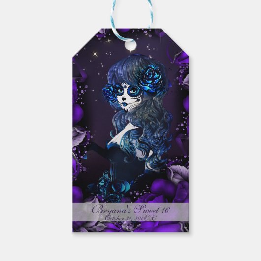 死んだメキシコの女の子の誕生日パーティー紫 ギフトタグ (正面)