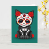 死んだ子猫のかわいい赤い日、ティール（緑がかった色）ブルー カード (黄色い花)