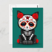 死んだ子猫のかわいい赤い日、ティール（緑がかった色）ブルー ポストカード (正面/裏面)