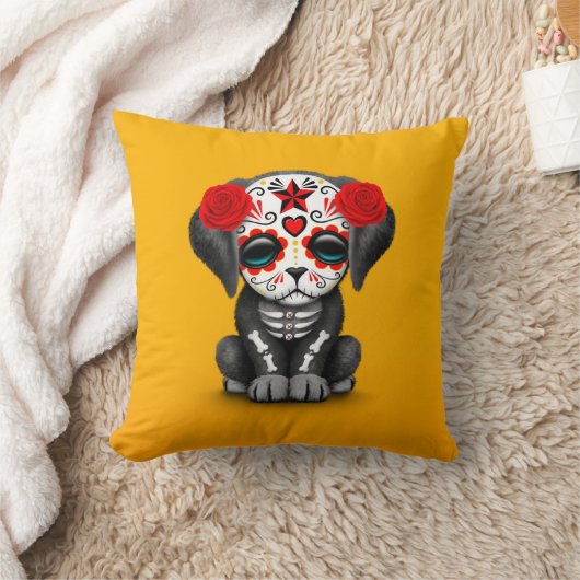 死んだ小犬の黄色のかわいく赤い日 クッション (ブランケット)