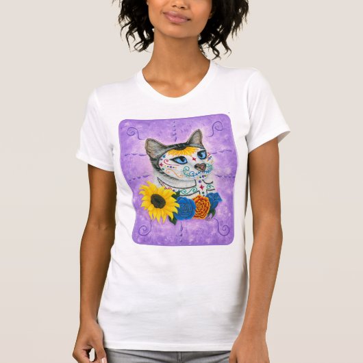 死んだ猫のヒマワリの砂糖のスカル猫の芸術の日 Tシャツ (正面)