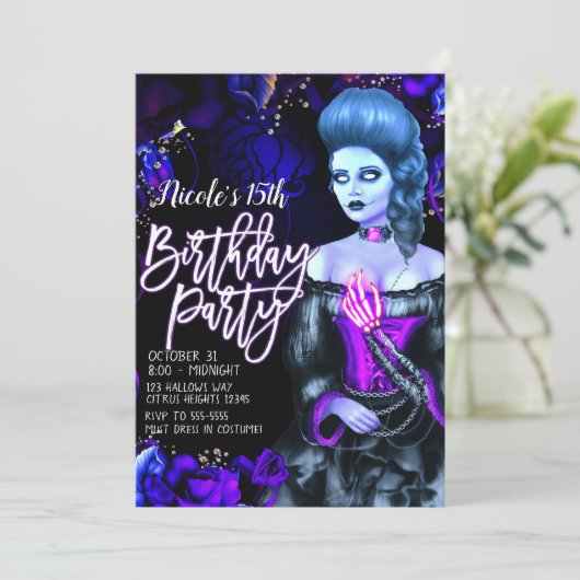 死んだ白熱［赤熱］光を放つ女の子パープルバラ誕生日パーティー 招待状 (スタンド正面)