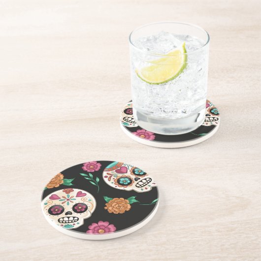 死んだ砂糖のスカルと花の黒 コースター (側面)