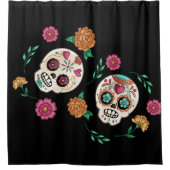 死んだ砂糖のスカルと花の黒 シャワーカーテン (正面)