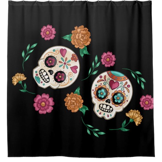 死んだ砂糖のスカルと花の黒 シャワーカーテン (正面)
