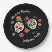死んだ砂糖のスカルと花の黒 ペーパープレート (正面)