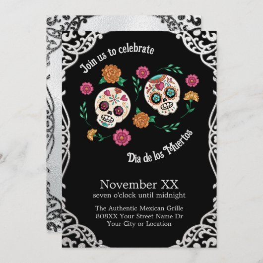 死んだ砂糖のスカルと花の黒 招待状 (正面/裏面)