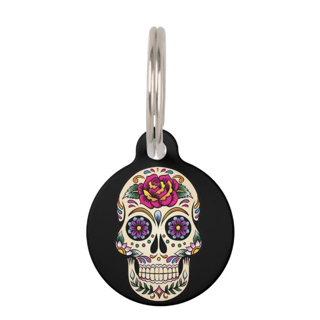 死んだ砂糖のスカルのウィットの日は上がりました ペット　ネームタグ (正面)