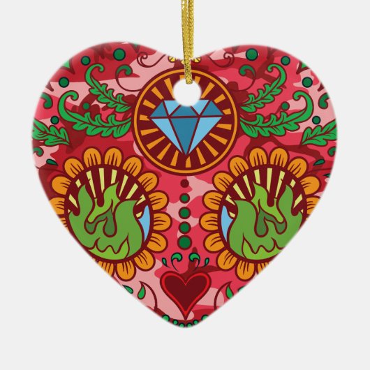 死んだ砂糖のスカルのピンクの迷彩柄のメキシコ日 セラミックオーナメント (正面)