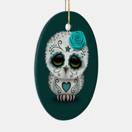 死んだ砂糖のスカルのフクロウのかわいいティール（緑がかった色）日 セラミックオーナメント (右)