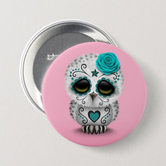 死んだ砂糖のスカルのフクロウのピンクのかわいいティール(緑がかった色)日 缶バッジ (正面&裏面)