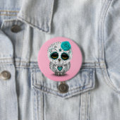 死んだ砂糖のスカルのフクロウのピンクのかわいいティール(緑がかった色)日 缶バッジ (インサイチュ)