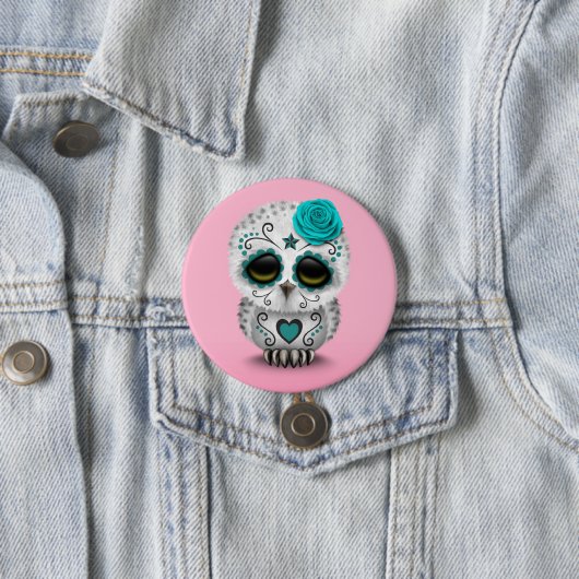 死んだ砂糖のスカルのフクロウのピンクのかわいいティール（緑がかった色）日 缶バッジ (インサイチュ)