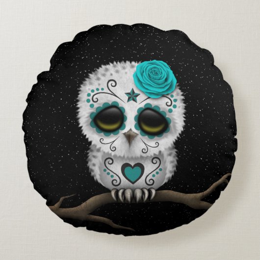 死んだ砂糖のスカルのフクロウの星のかわいいティール(緑がかった色)日 ラウンドクッション (正面)