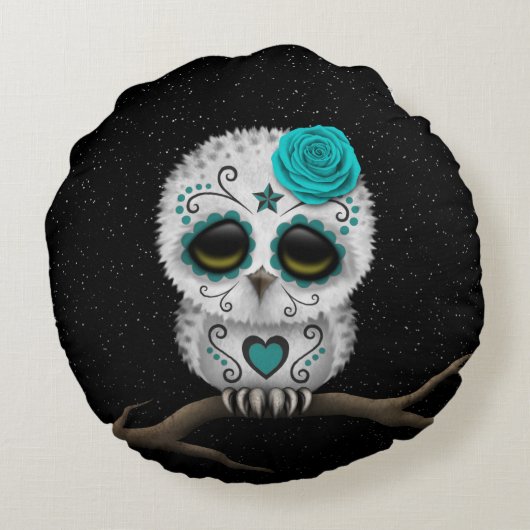 死んだ砂糖のスカルのフクロウの星のかわいいティール(緑がかった色)日 ラウンドクッション (裏面)
