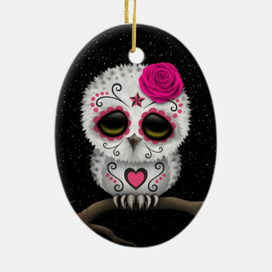 死んだ砂糖のスカルのフクロウの星のかわいいピンク日 セラミックオーナメント (裏面)