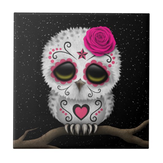 死んだ砂糖のスカルのフクロウの星のかわいいピンク日 タイル (正面)