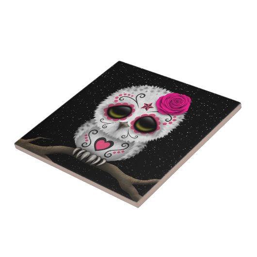 死んだ砂糖のスカルのフクロウの星のかわいいピンク日 タイル (側面)