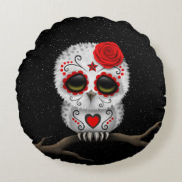 死んだ砂糖のスカルのフクロウの星のかわいく赤い日 ラウンドクッション