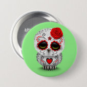 死んだ砂糖のスカルのフクロウの緑のかわいく赤い日 缶バッジ (正面&裏面)