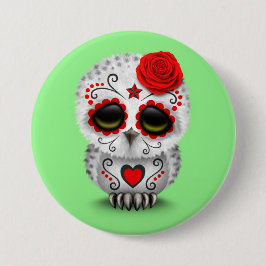 死んだ砂糖のスカルのフクロウの緑のかわいく赤い日 缶バッジ