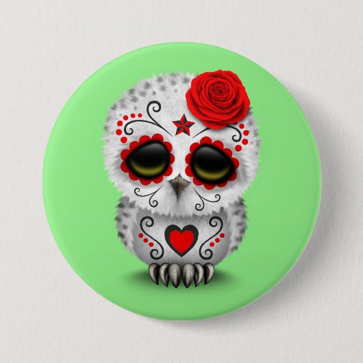 死んだ砂糖のスカルのフクロウの緑のかわいく赤い日 缶バッジ (正面)