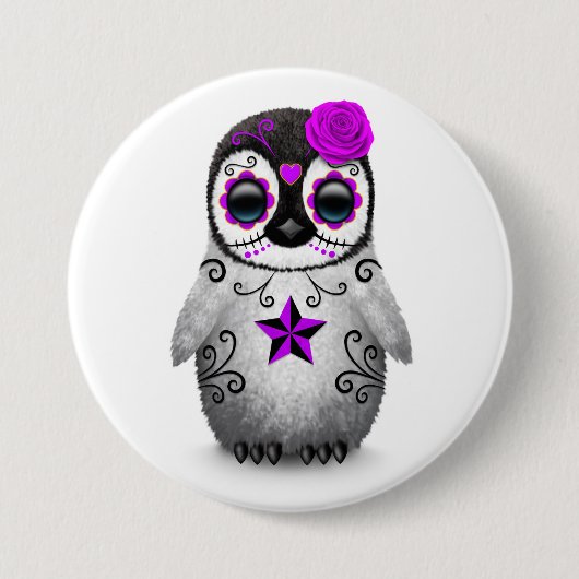 死んだ砂糖のスカルのペンギンの白の紫色日 缶バッジ (正面)