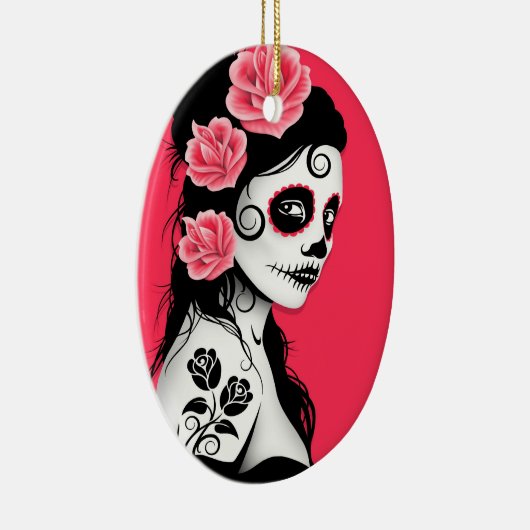 死んだ砂糖のスカルの女の子の日-ピンク セラミックオーナメント (右)