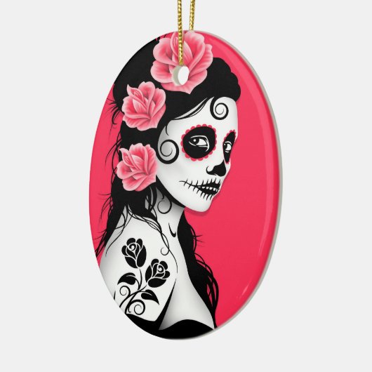 死んだ砂糖のスカルの女の子の日-ピンク セラミックオーナメント (左)