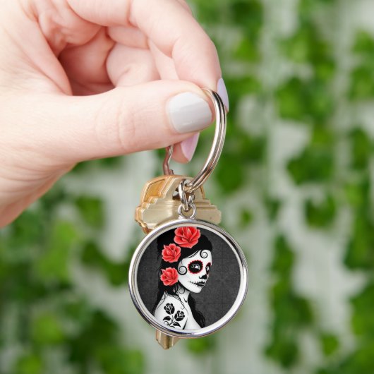 死んだ砂糖のスカルの女の子の日-灰色 キーホルダー (手)