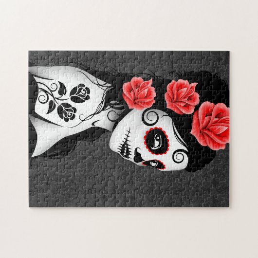 死んだ砂糖のスカルの女の子の日-灰色 ジグソーパズル (横)