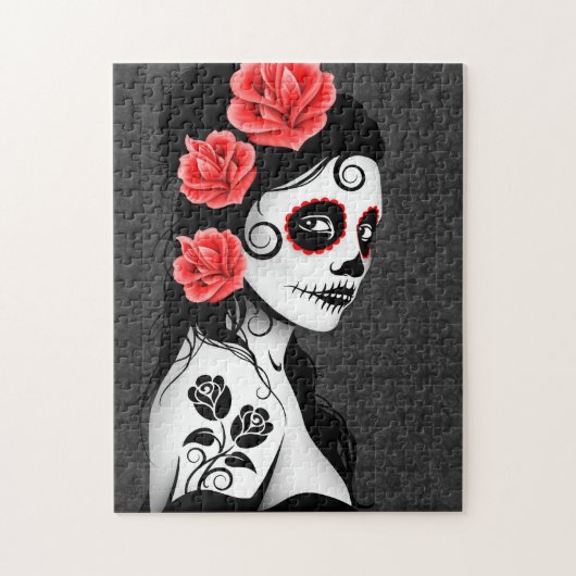 死んだ砂糖のスカルの女の子の日-灰色 ジグソーパズル (縦)