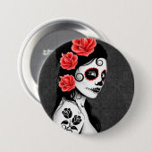 死んだ砂糖のスカルの女の子の日-灰色 缶バッジ (正面&裏面)
