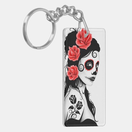 死んだ砂糖のスカルの女の子の日-白 キーホルダー (正面左)