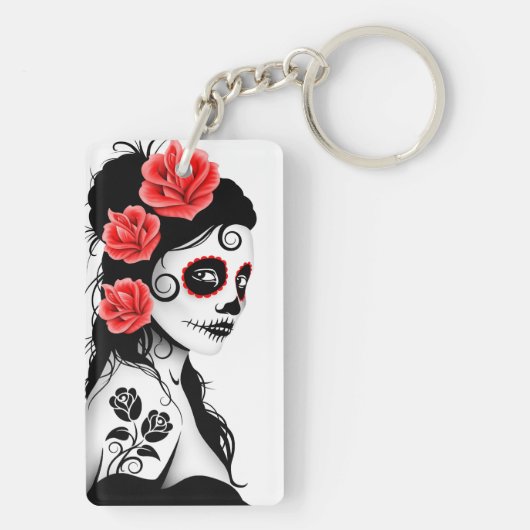 死んだ砂糖のスカルの女の子の日-白 キーホルダー (裏面)