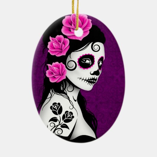 死んだ砂糖のスカルの女の子の日-紫色 セラミックオーナメント (裏面)