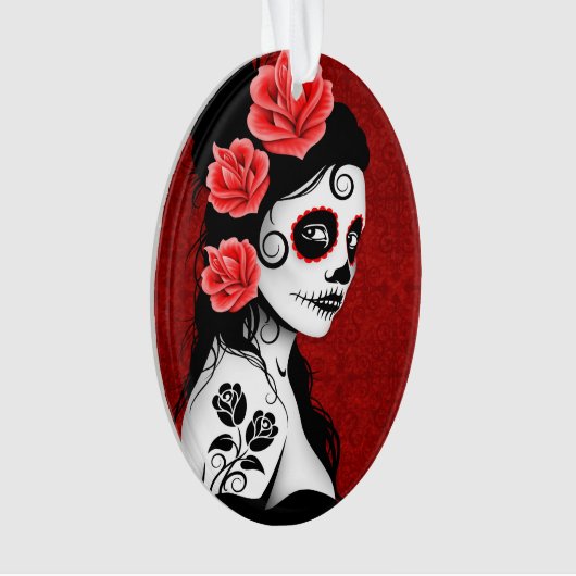 死んだ砂糖のスカルの女の子の日-赤 オーナメント (正面)