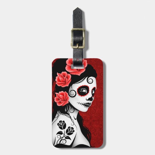 死んだ砂糖のスカルの女の子の日-赤 ラゲッジタグ (正面縦)