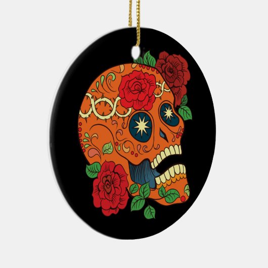 死んだ砂糖のスカルの赤いバラのオレンジ入れ墨日 セラミックオーナメント (右)