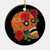 死んだ砂糖のスカルの赤いバラのオレンジ入れ墨日 セラミックオーナメント (正面)