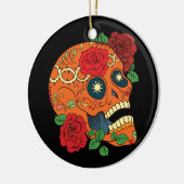 死んだ砂糖のスカルの赤いバラのオレンジ入れ墨日 セラミックオーナメント (左)