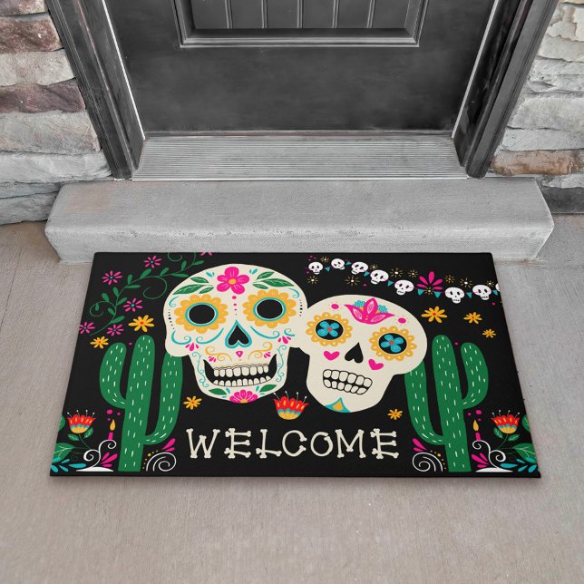死んだ砂糖のスカル歓迎の日 ドアマット (Big Welcome doormat with sugar skuls and cactus from my Dia de los Muertos collection)