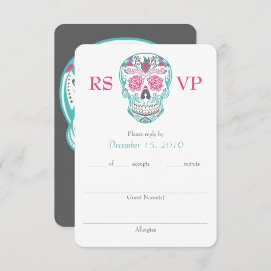 死んだ砂糖のスカルRSVPの日は梳きます3.5"をx 5" 出欠カード (正面/裏面)