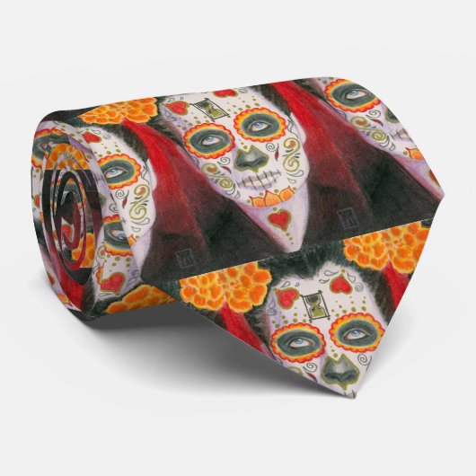 死んだ砂糖の日スカルとハート ネクタイ (ロール)