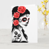 死んだ砂糖の日スカル女の子 – 白 カード (黄色い花)