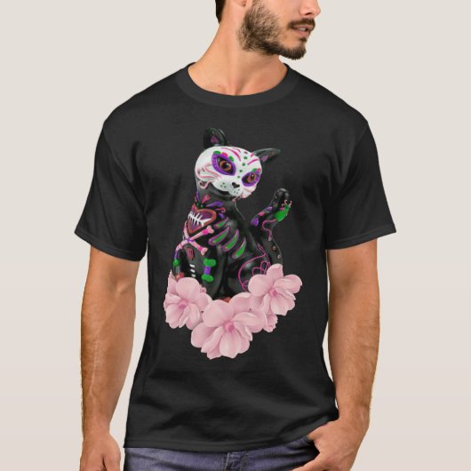 死んだ砂糖の日スカル猫ピンクの花プルロ Tシャツ (正面)