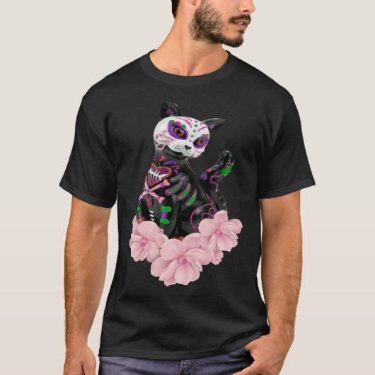 死んだ砂糖の日スカル猫ピンクの花プルロ Tシャツ (正面)