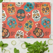 死んだ砂糖の日スカル、オレンジ キッチンタオル (折り畳み)