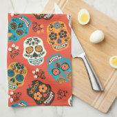 死んだ砂糖の日スカル、オレンジ キッチンタオル (四つ折り)