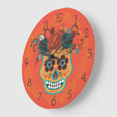 死んだ砂糖の日スカル、オレンジ ラージ壁時計 (傾斜)